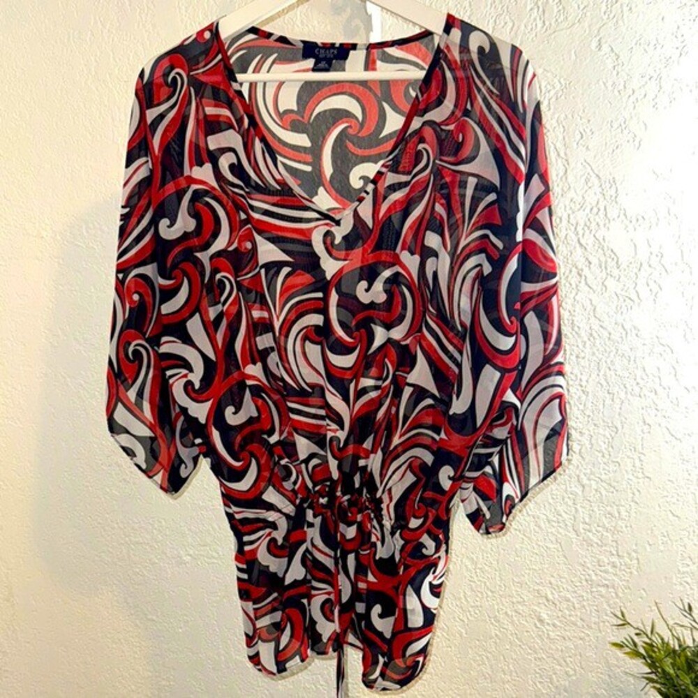 Chaps Red and Black Graphic Tie Front Blouse